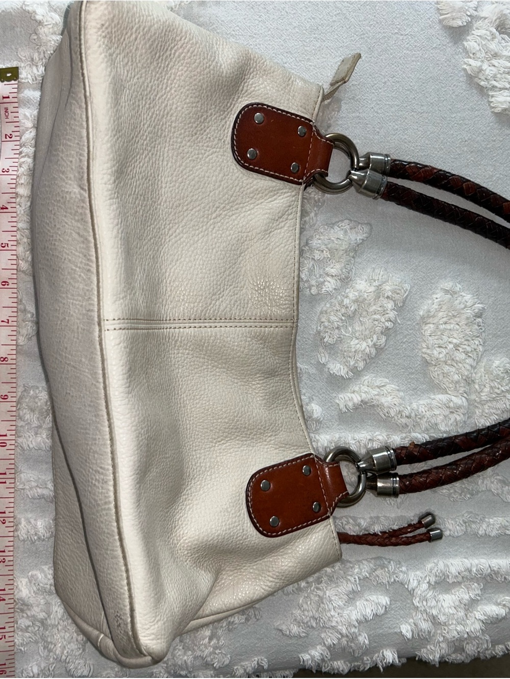 Cream Leather Shoulder Bag with Braided Brown Handles